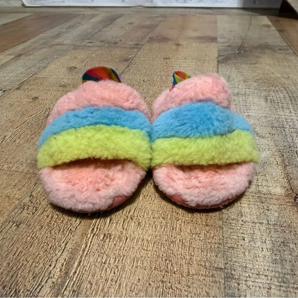 UGG FLUFF YEAH SLIDE LITTLE KID SIZE 8 PEACH BLISS MULTI SLINGBACK WOOL SANDAL